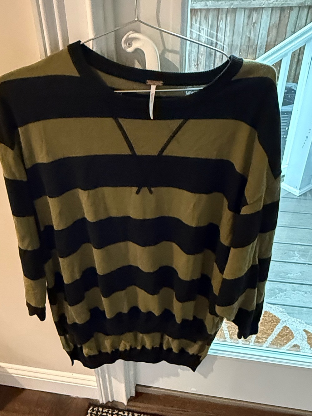 Free People Olive Green and Black Striped Crewneck Sweater
